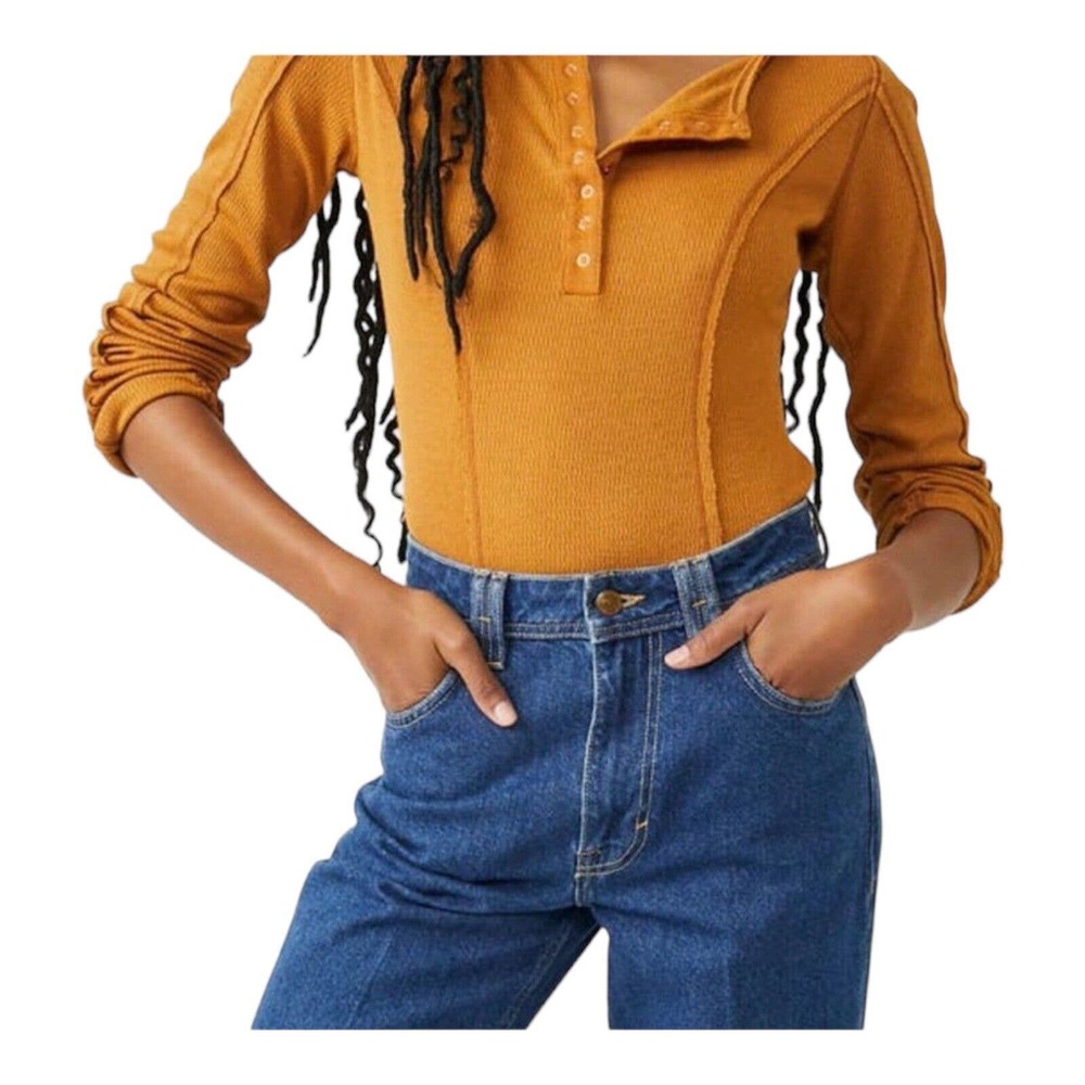 Free People Sloane Bodysuit Thermal Dark Yellow XS New - Picture 9 of 13